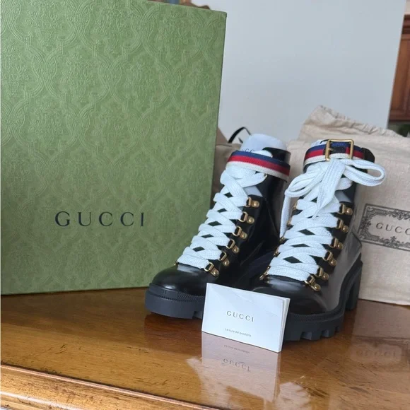 Gucci Calfskin Sylvie Web lace up combat boots - Picture 1 of 8